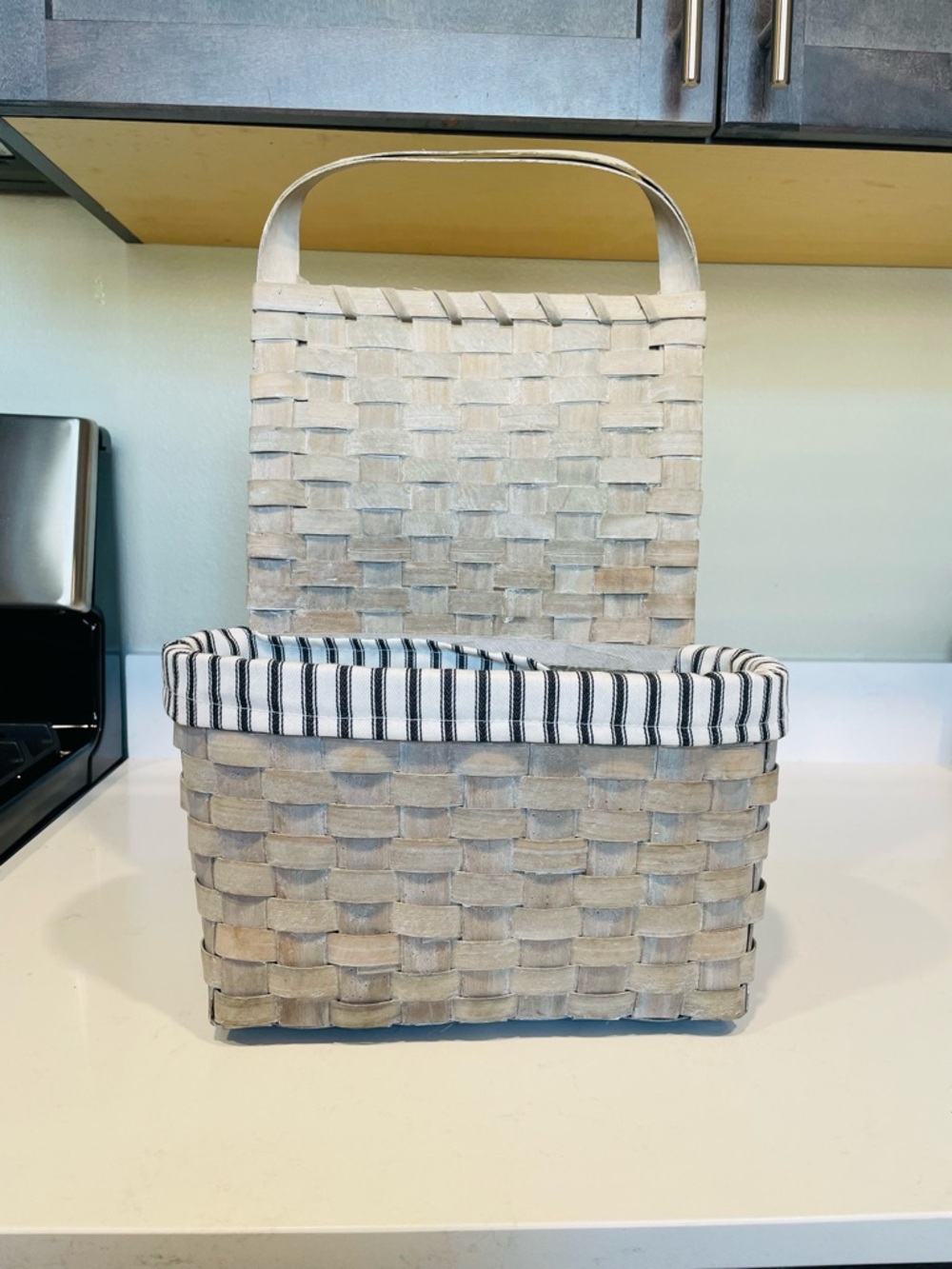 Farmhouse Woven Basket with Handle and Striped Liner